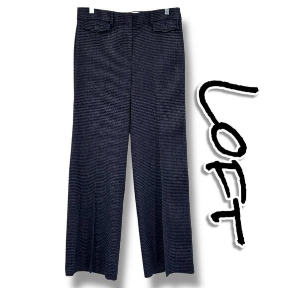 Loft Houndstooth High Waist Trouser Leg Dress Pants Navy Blue Gray Womens Size 8 - Picture 1 of 12